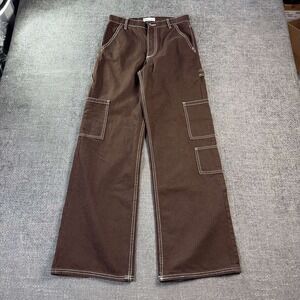 Zara Cargo Pants Women 28 Brown High Rise Wide Leg Contrast Stitch Carpenter